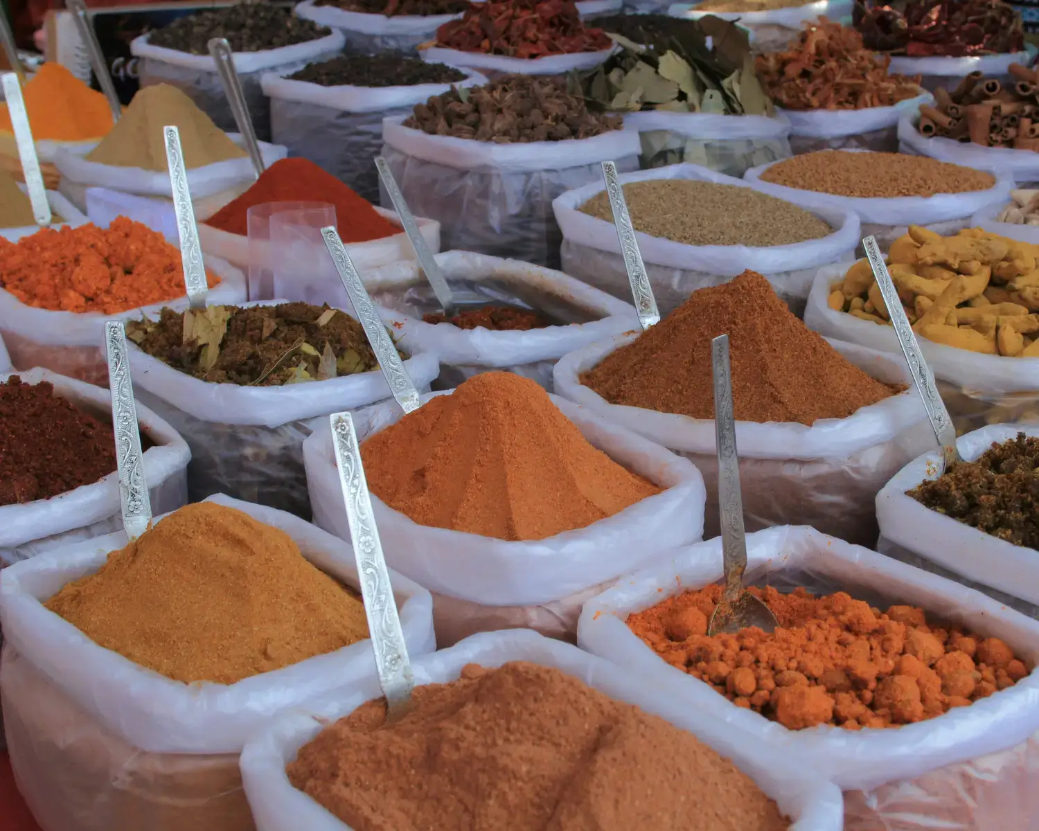temperos e especiarias típicos da Índia, como cominho, coentro, mostarda, cúrcuma e pimenta vermelha